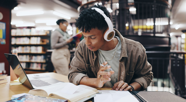 music book research with man library knowledge education college thesis headphones future university with student studying campus exam project scholarship