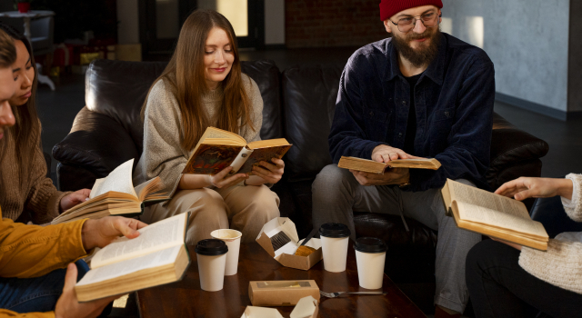 medium shot people reading together