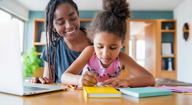 mother helping supporting her daughter with online school while staying home new normal lifestyle concept monoparental concept2