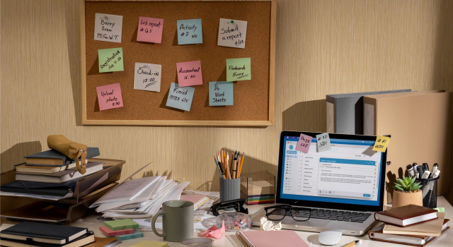 view messy office workspace with laptop device2