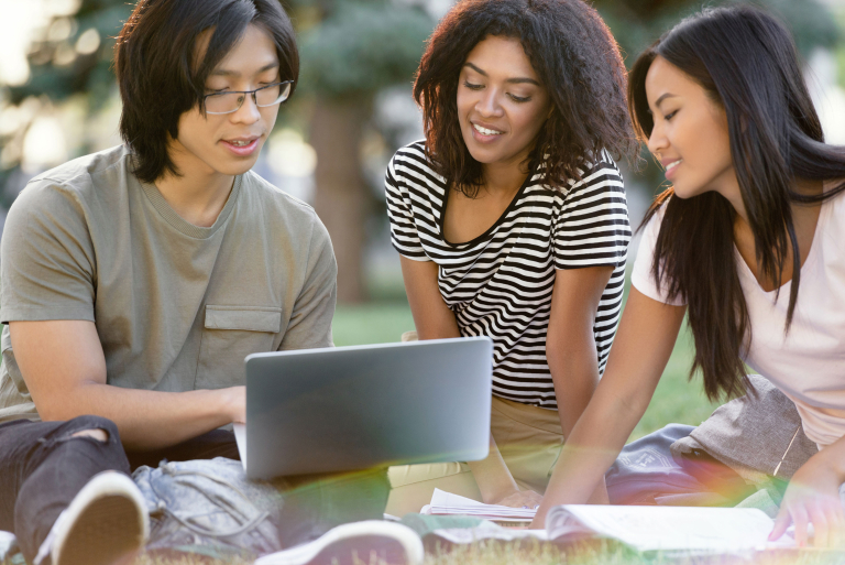 happy group multiethnic students studying