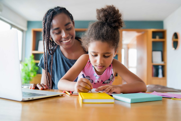 mother helping supporting her daughter with online school while staying home new normal lifestyle concept monoparental concept2