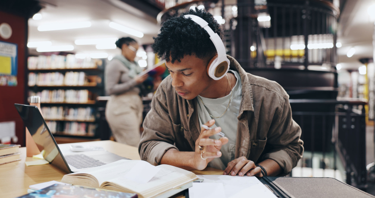 music book research with man library knowledge education college thesis headphones future university with student studying campus exam project scholarship