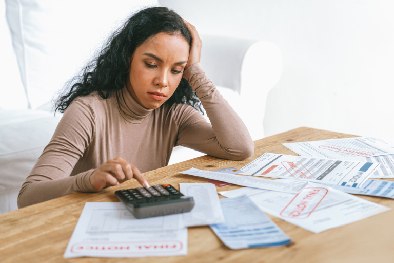 stressed young woman has financial problems with credit card debt pay crucial show concept bad personal money mortgage pay management crisis sad unhappy2