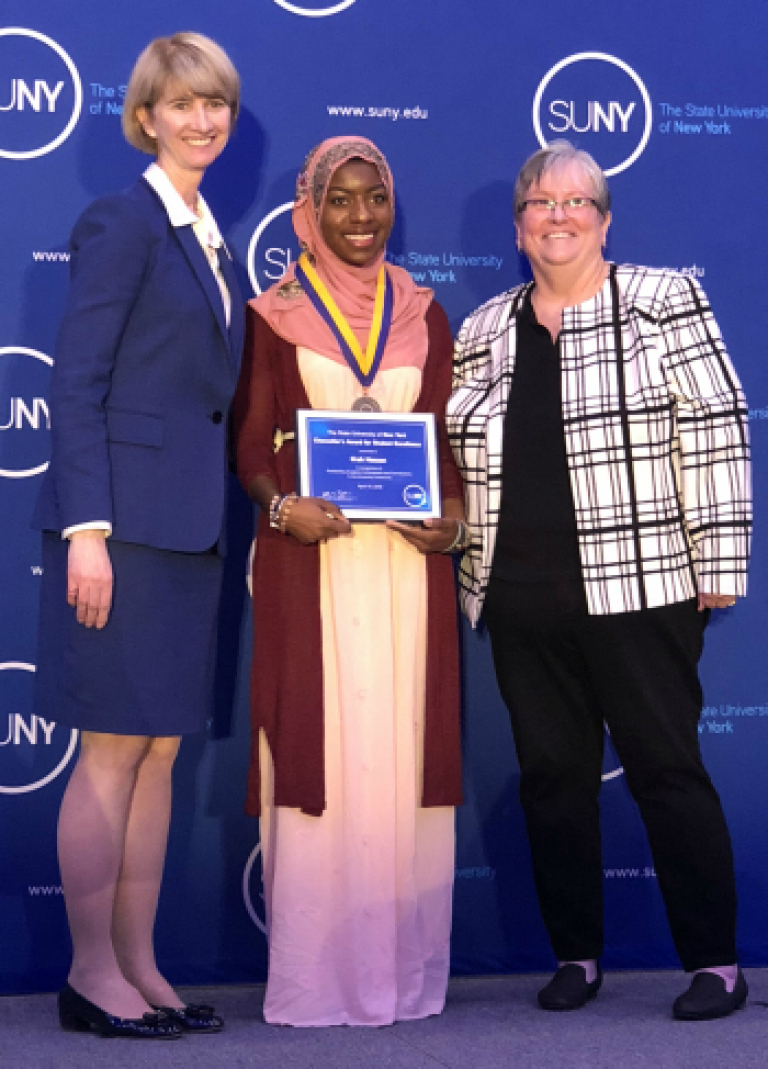 OPFC Utica Student Ifrah Hassan at SUNY Chancellors Awards with Chancellor and OCC President Casey Crabill 2018